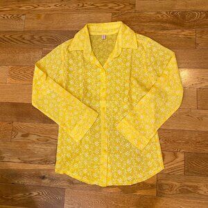 Facesmile Blouse Women's Yellow White Floral Embroidery Button Up Long Sleeve XS
